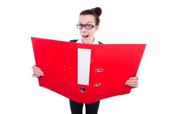 Femme d'affaires drôle avec dossier rouge sur blanc — Photo
