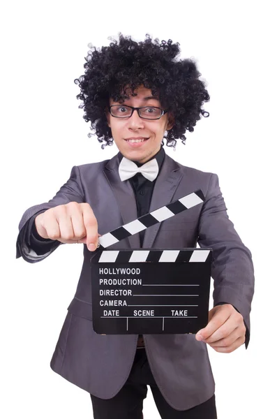 Homme avec film clapper isolé sur blanc — Photo