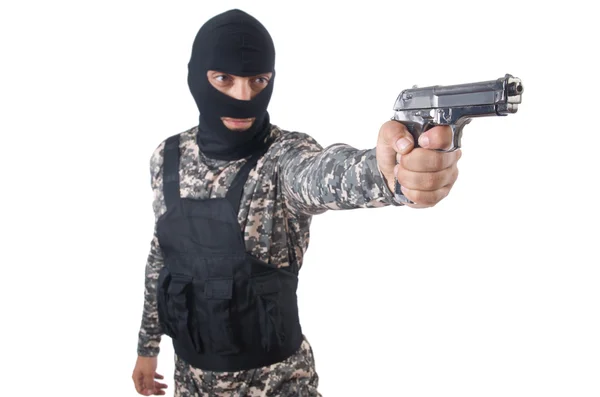 Soldier in camouflage with gun on white — Stock Photo, Image