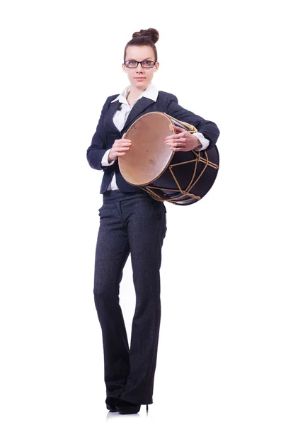 Funny businesswoman with drum isolated on white — Stock Photo, Image