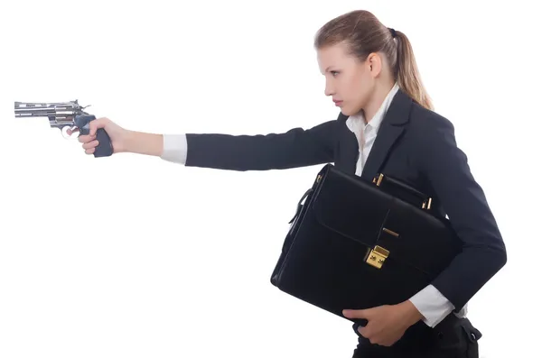 Mujer mujer de negocios con pistola en blanco —  Fotos de Stock