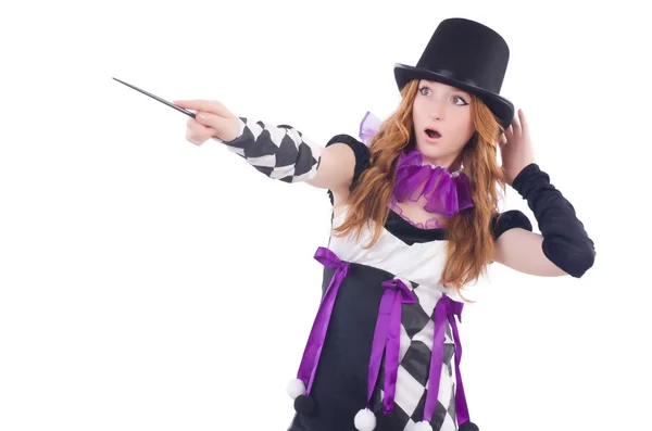 Magician woman with wand on white — Stock Photo, Image