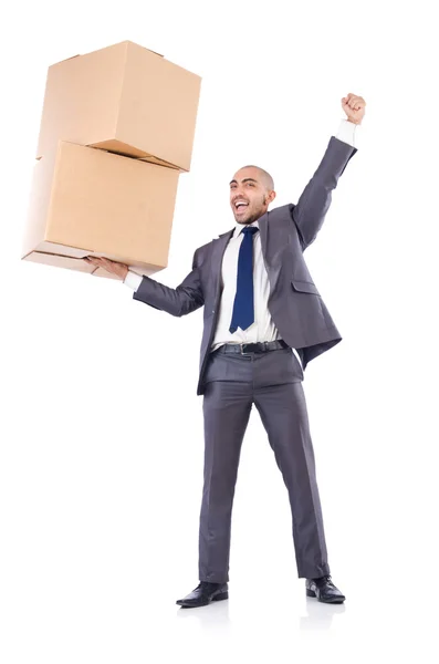 Businessman with box isolated on the white — Stock Photo, Image