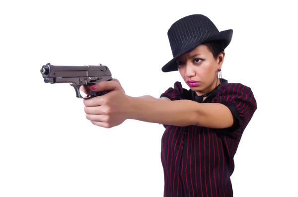 Junge Frau Gangster mit Waffe auf weiß — Stockfoto