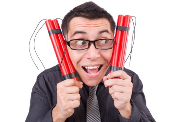 Dinamiti olan bir iş adamı beyazda izole edilmiş.