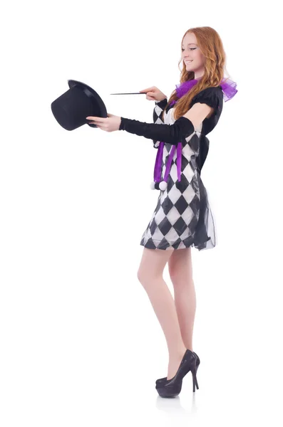 Magician woman with wand on white — Stock Photo, Image