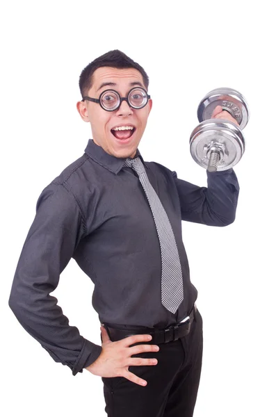 Funny businessman with dumbbells isolated on white — Stock Photo, Image