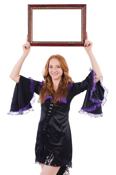 Woman with picture frame on white — Stock Photo, Image