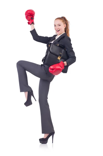 Femme d'affaires avec gants de boxe sur blanc — Photo