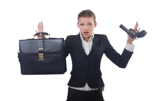 Woman businesswoman with gun on white — Stock Photo, Image