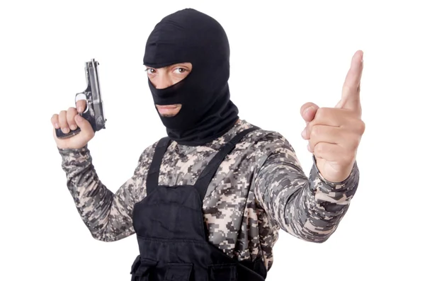 Soldat in Tarnung mit Pistole auf Weiß — Stockfoto