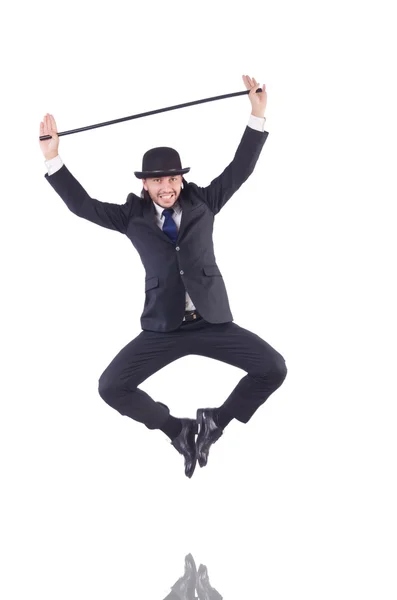 Hombre bailando con bastón sobre blanco — Foto de Stock