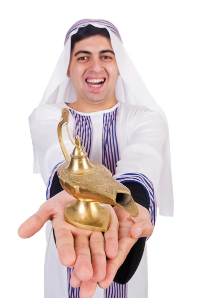Homme arabe avec lampe isolé sur blanc — Photo