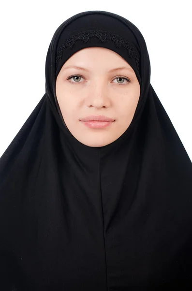 Donna con burqa musulmano isolato su bianco — Foto Stock