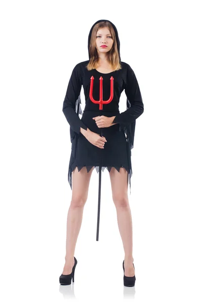 Žena ďábel s trident izolovaných na bílém — Stock fotografie
