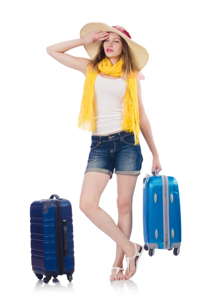 Frau fährt isoliert auf Weiß in den Sommerurlaub — Stockfoto