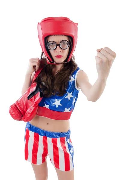 Boxeador femenino divertido aislado en blanco — Foto de Stock