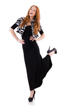 siyah elbise üzerine beyaz izole redhead