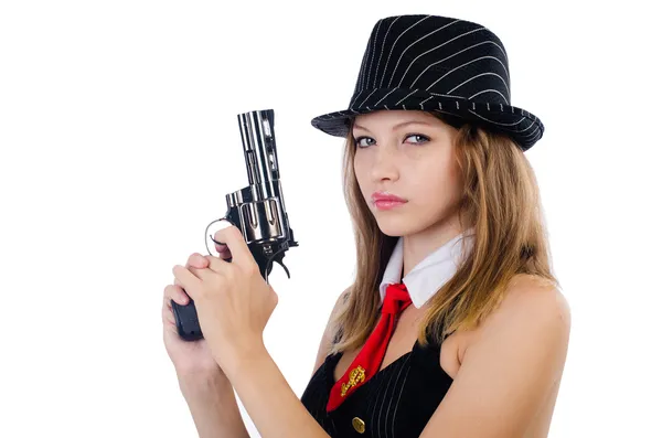 Frau mit Waffe isoliert auf Weiß — Stockfoto