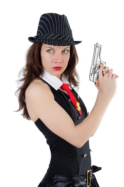 Junge Frau Gangster mit Waffe auf weiß — Stockfoto