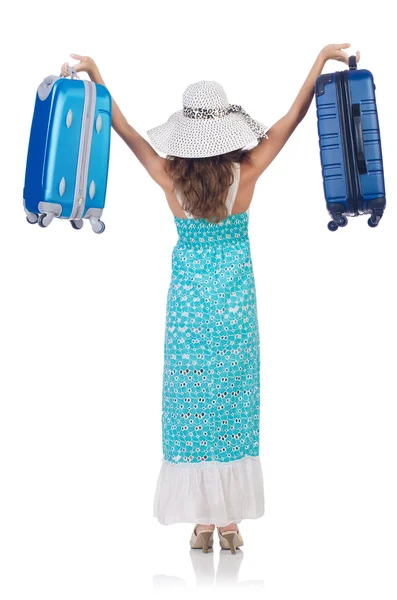 Kobieta jedzie na letnie wakacje odizolowana na biało — Zdjęcie stockowe