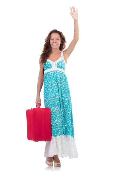 Woman preparing for vacation with suitcase on white — Stock Photo, Image