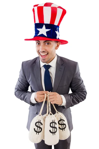 Hombre con sacos de dólar en blanco —  Fotos de Stock