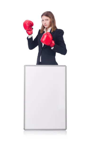 Kvinna boxare med blank bräda på vit — Stockfoto