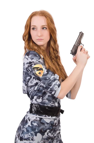 Junge Soldatin mit Waffe auf weiß — Stockfoto