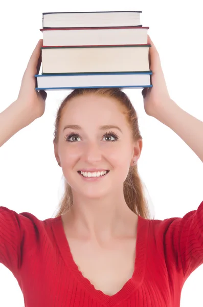 Jovem estudante com livros sobre branco — Fotografia de Stock