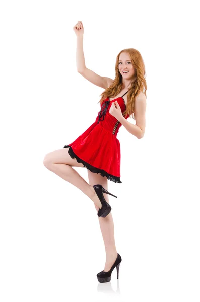 Rotschopf im roten Kleid auf weißem Hintergrund — Stockfoto
