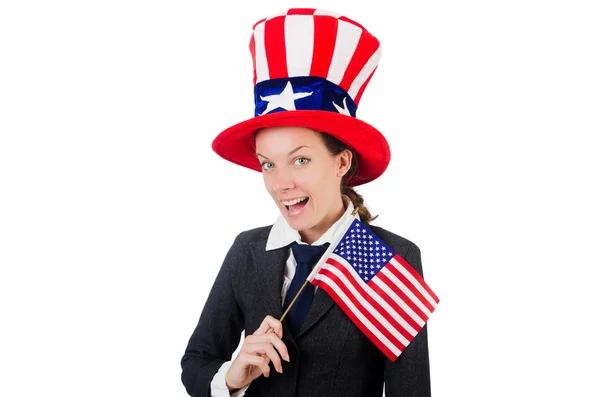 Young woman with american symbols on white — Stock Photo, Image