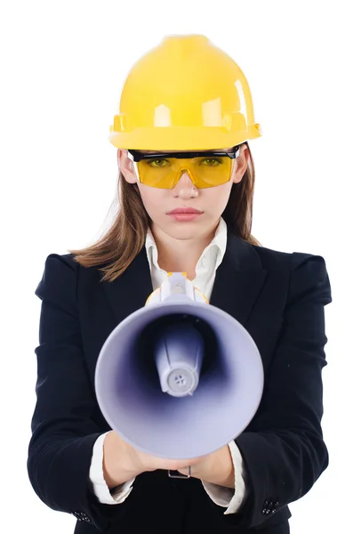 Woman with helmet and loudspeaker on white — Stock Photo, Image