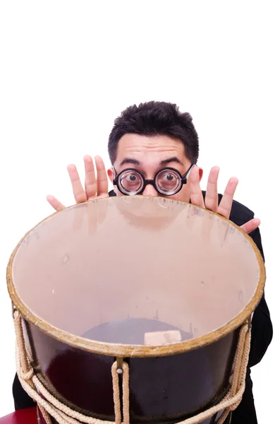 Rolig människa med trumma på vit — Stockfoto