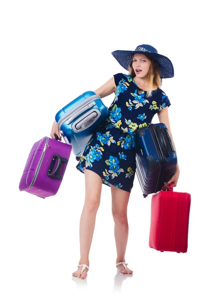 Kobieta z suitacases przygotowania do letnich wakacji — Zdjęcie stockowe