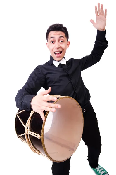 Hombre divertido con tambor en blanco —  Fotos de Stock