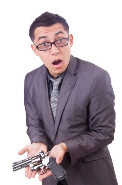 Beyaz silahlı komik iş adamı.
