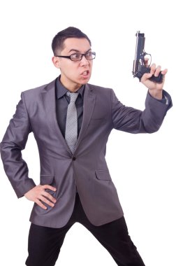 Beyaz silahlı komik iş adamı.