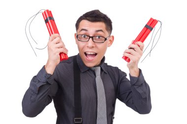 Dinamiti olan bir iş adamı beyazda izole edilmiş.