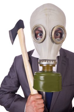 gaz maskesi üzerine beyaz izole iş adamı