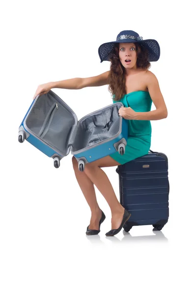 Mujer yendo a vacaciones de verano aislado en blanco — Foto de Stock