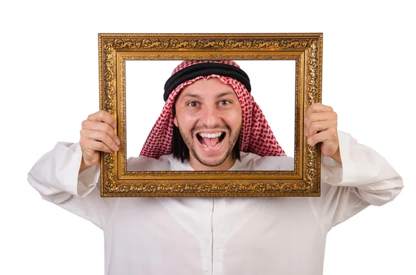 Araber mit Bilderrahmen auf Weiß — Stockfoto