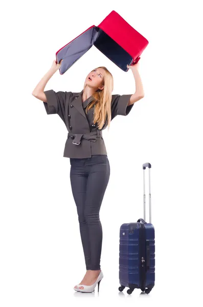 Femme se préparant pour les vacances avec valise sur blanc — Photo