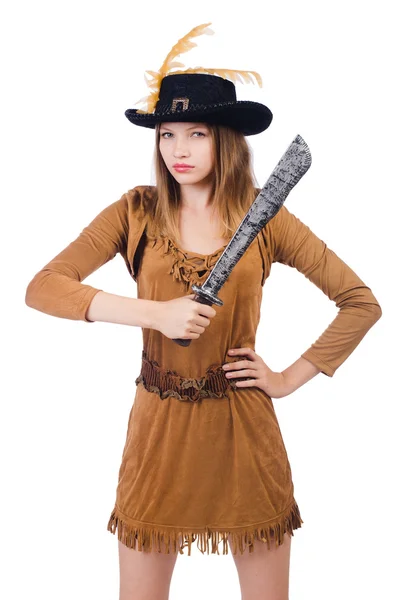 Woman pirate with knife isolated on white — Stock Photo, Image