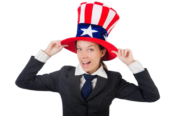 Young woman with american symbols on white — Stock Photo, Image