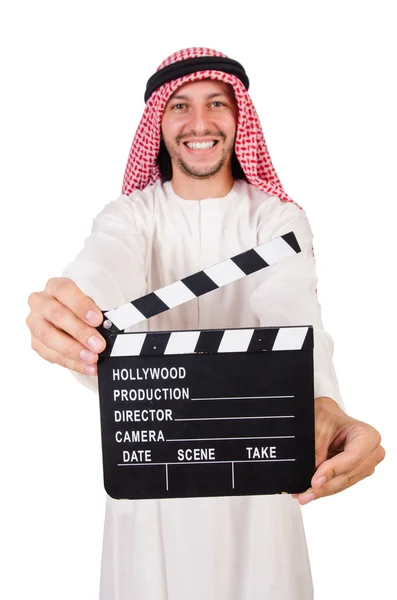 Arabische man met film klepel op wit — Stockfoto