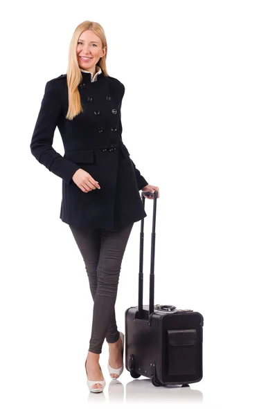 Podnikatelka s cestovním kufrem na bílém — Stock fotografie