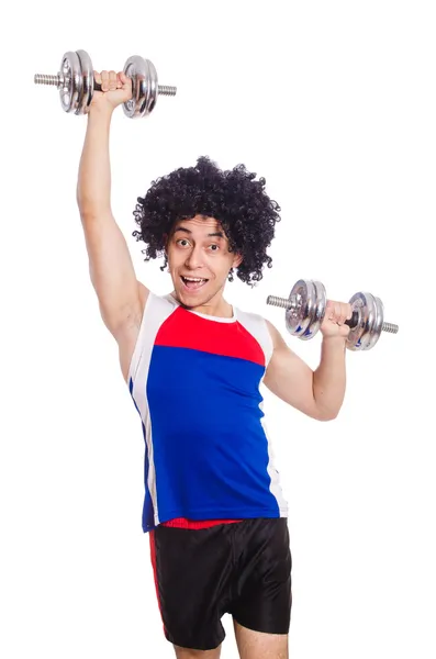 Hombre divertido haciendo ejercicio con pesas —  Fotos de Stock