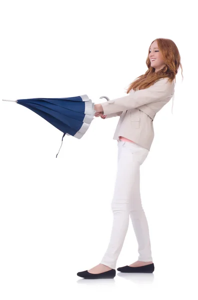 Young woman with umbrella on white — Stock Photo, Image