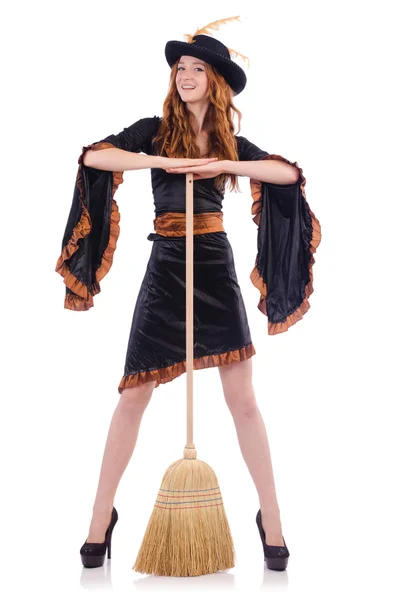 Nice witch with broom on white — Stock Photo, Image